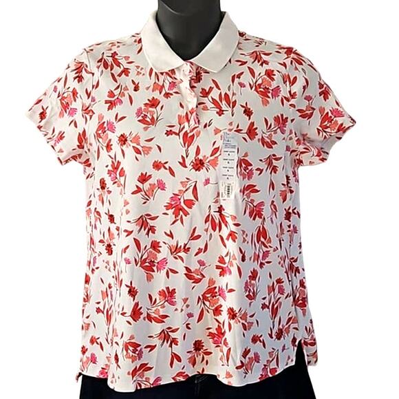 NWOT Croft & Barrow Women’s Red and White Extra-Soft Floral Polo Shirt Size XL - Picture 2 of 6